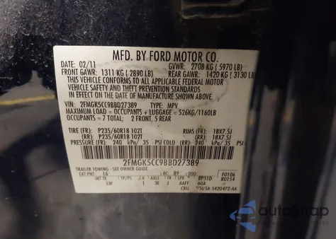 2011 Ford Flex Sel from USA, damaged, VIN 2FMGK5CC9BBD27389